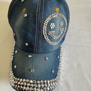 Denim Cap with Rhinestone Smiley